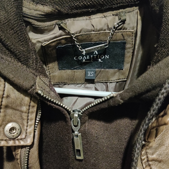 NWOT, LA Coalition, brown, vegan leather moto jacket w/ removable hood & lining - Picture 6 of 6